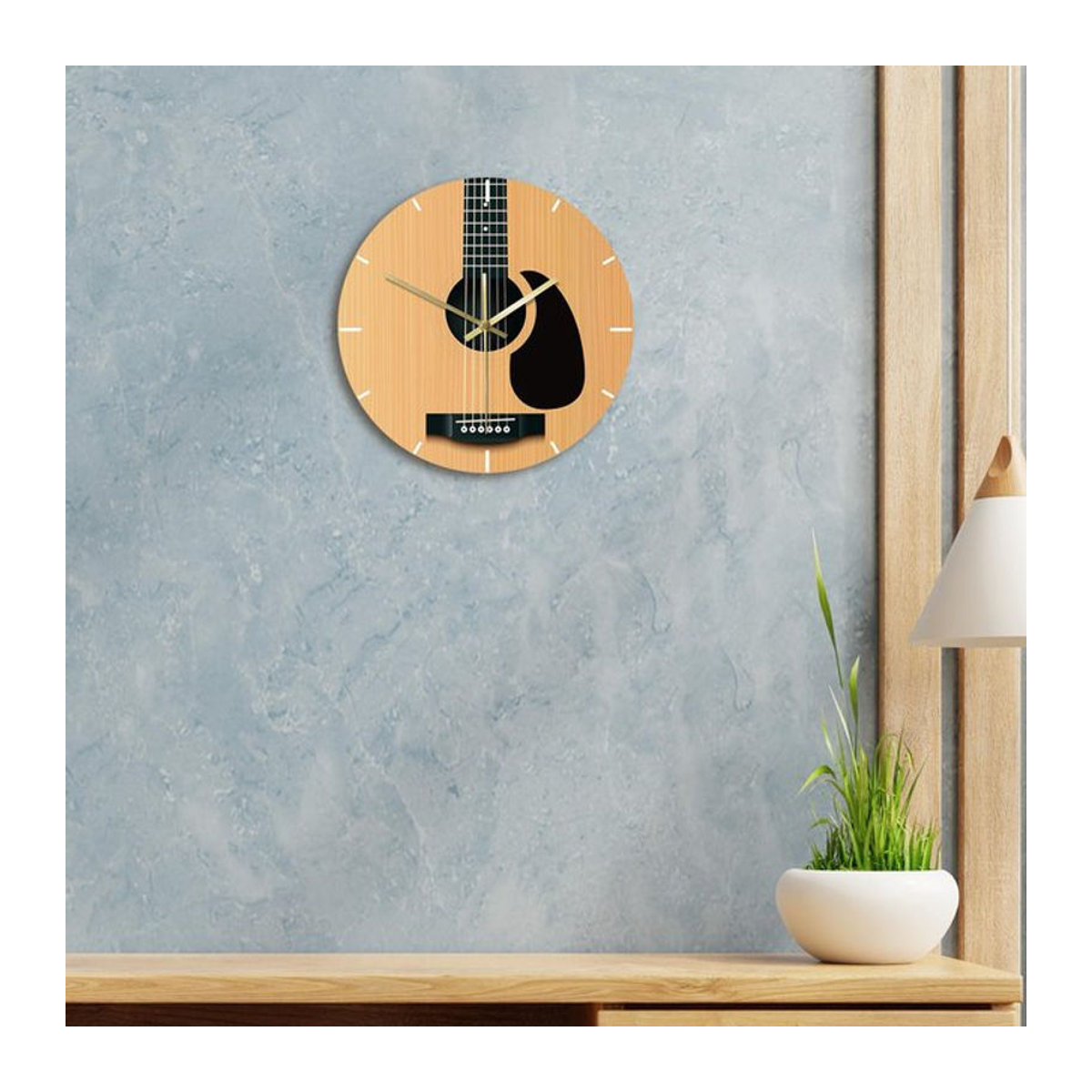 Geräuschlose Gitarren Wanduhr aus Holz in Braun, Moderne Analoge Wanduhr für Wohnzimmer und Schlafzimmer, Durchmesser: 30 cm - Bild 1