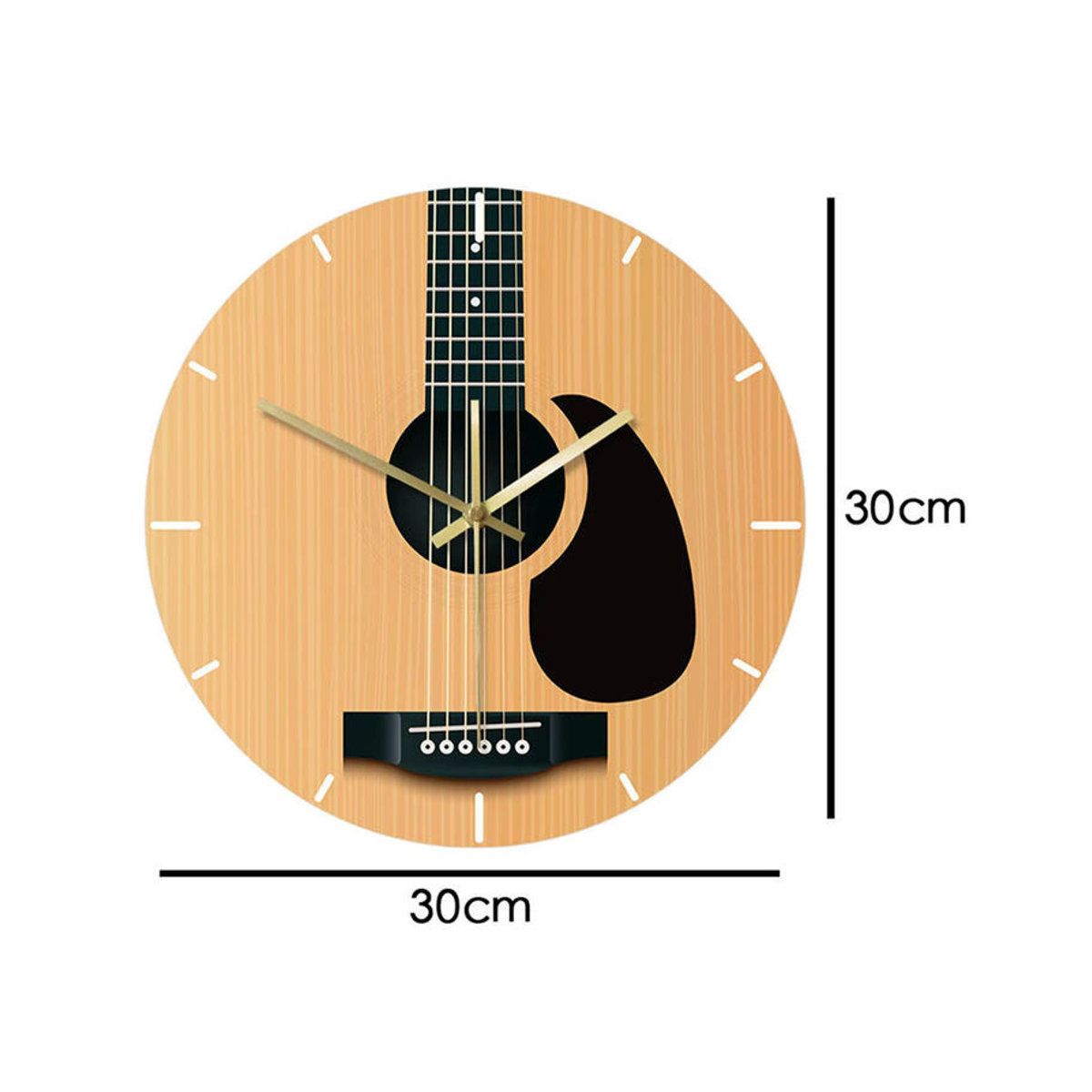 Geräuschlose Gitarren Wanduhr aus Holz in Braun, Moderne Analoge Wanduhr für Wohnzimmer und Schlafzimmer, Durchmesser: 30 cm - Bild 3