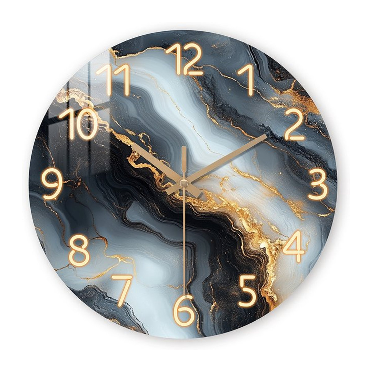 Geräuschlose runde Wanduhr aus Holz mit blau-goldem Marmor-Design in abstrakter Fantasy-Optik - Bild 1