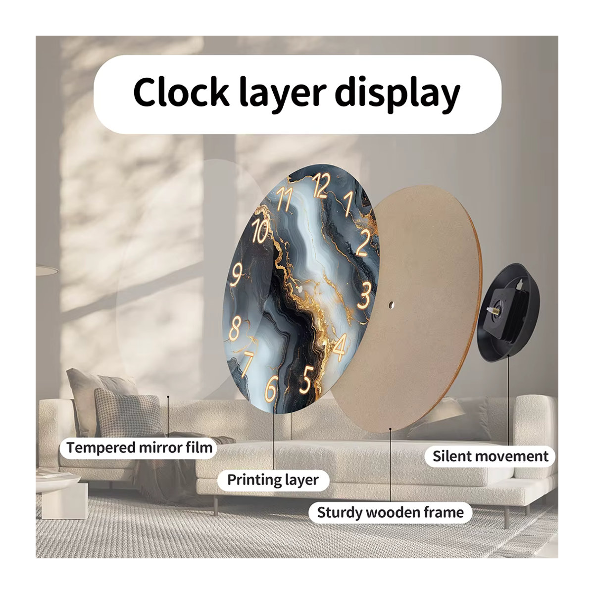 Geräuschlose runde Wanduhr aus Holz mit blau-goldem Marmor-Design in abstrakter Fantasy-Optik - Bild 2
