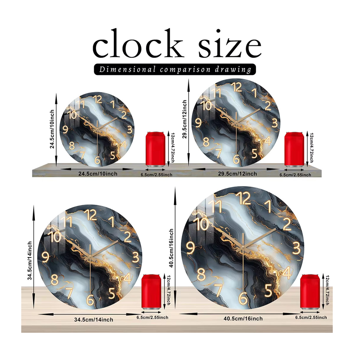 Geräuschlose runde Wanduhr aus Holz mit blau-goldem Marmor-Design in abstrakter Fantasy-Optik - Bild 3