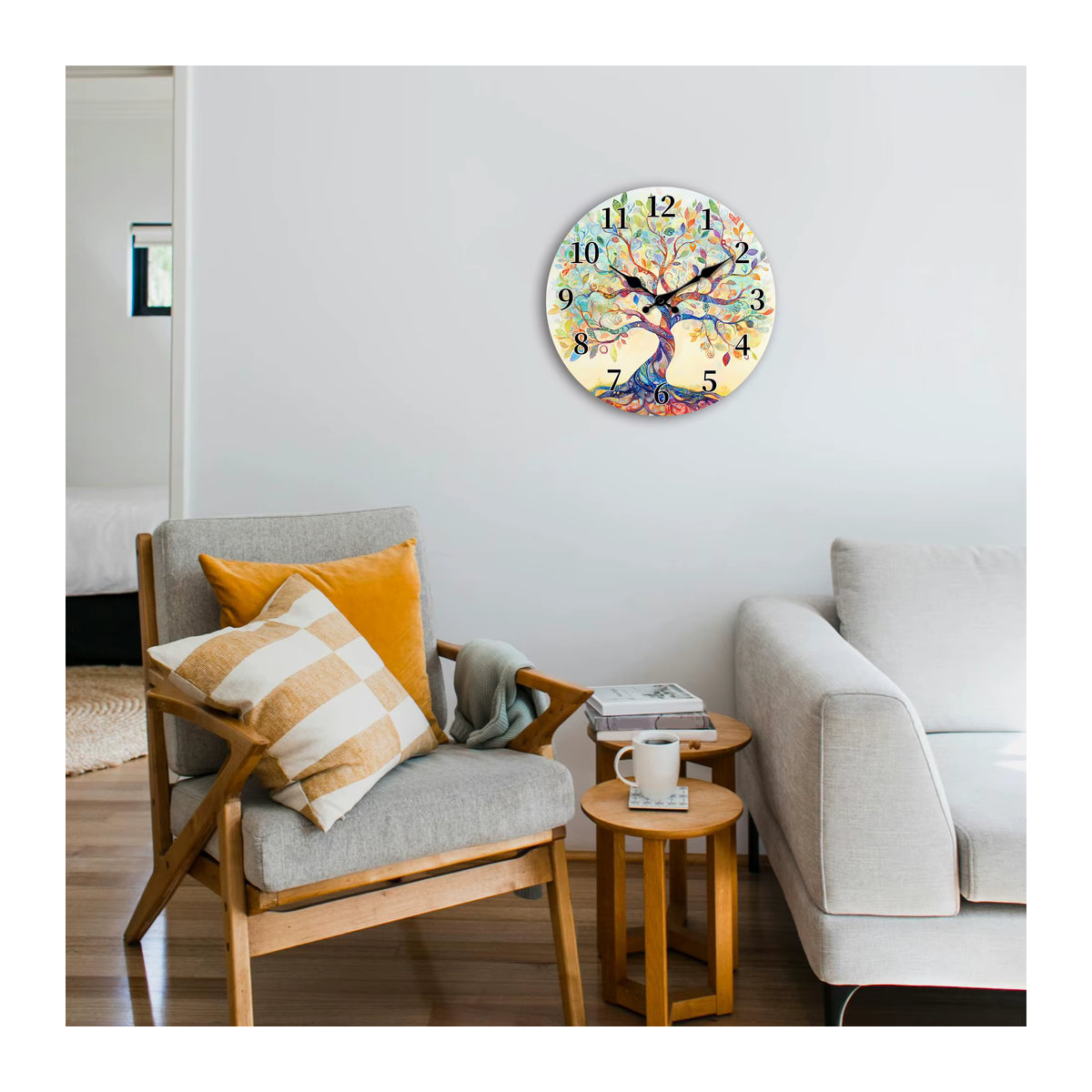 Geräuschlose Wanduhr aus Holz im abstrakten Baummuster-Design, mehrfarbig, rund, modern - Bild 6