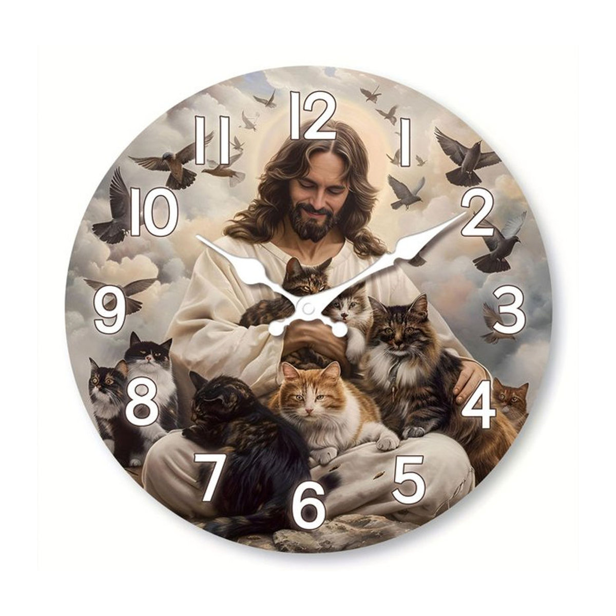 Geräuschlose Wanduhr aus Holz mit religiösem Jesus Saves the Cat Motiv, rund, mehrfarbig - Bild 1