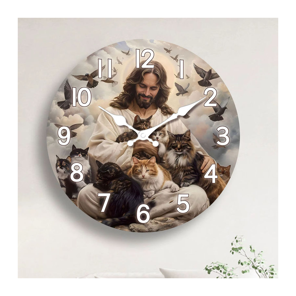 Geräuschlose Wanduhr aus Holz mit religiösem Jesus Saves the Cat Motiv, rund, mehrfarbig - Bild 2
