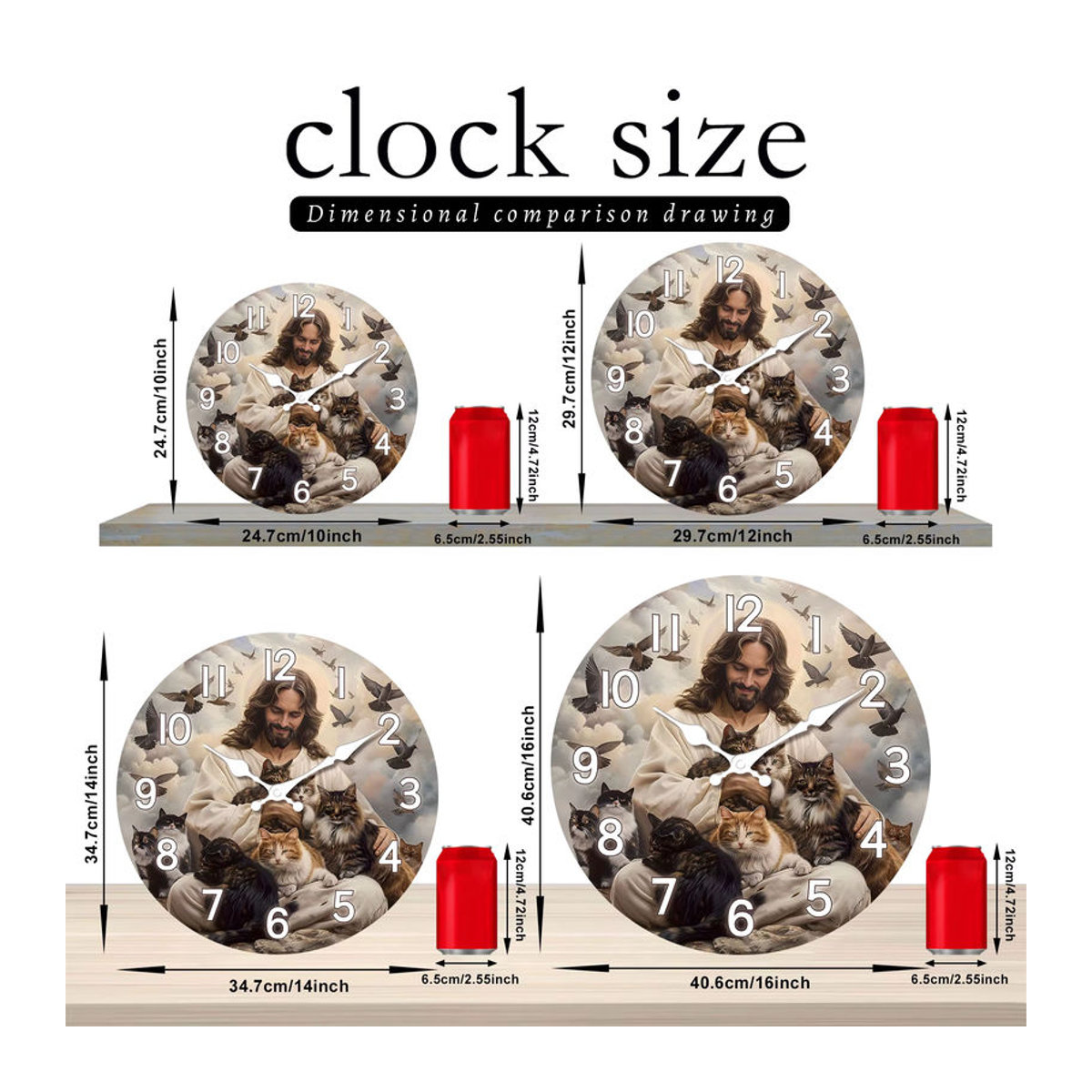 Geräuschlose Wanduhr aus Holz mit religiösem Jesus Saves the Cat Motiv, rund, mehrfarbig - Bild 3
