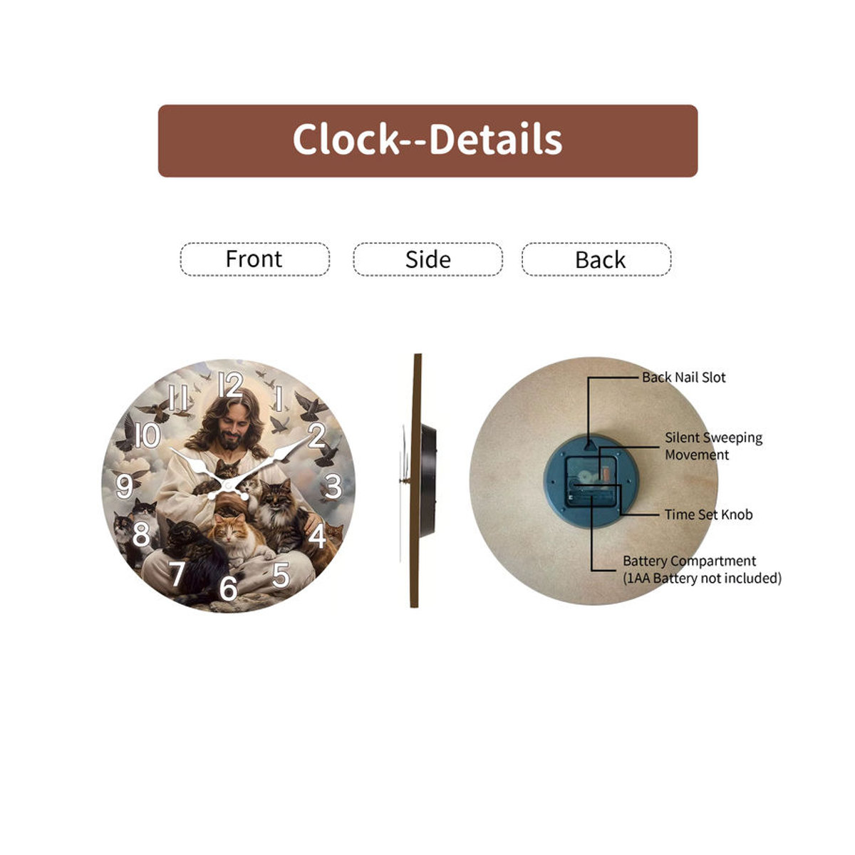Geräuschlose Wanduhr aus Holz mit religiösem Jesus Saves the Cat Motiv, rund, mehrfarbig - Bild 6