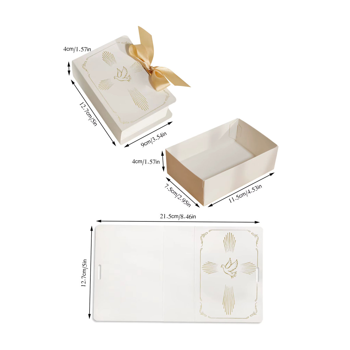 Geschenkbox für die christliche Taufe mit Taube im Kreuzmuster, Pralinenschachtel aus Papier in Weiß mit Gold und Silber - Bild 4