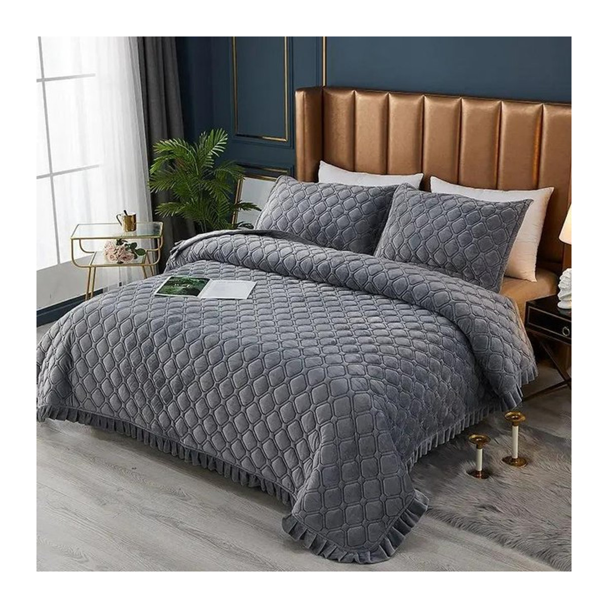 Gesteppte Tagesdecke aus Kristallsamt in Grau, baumwollgepolstert, Queen-Size, B/T: 230 x 230 cm von Binchi Outdoor Equipment - Bild 1