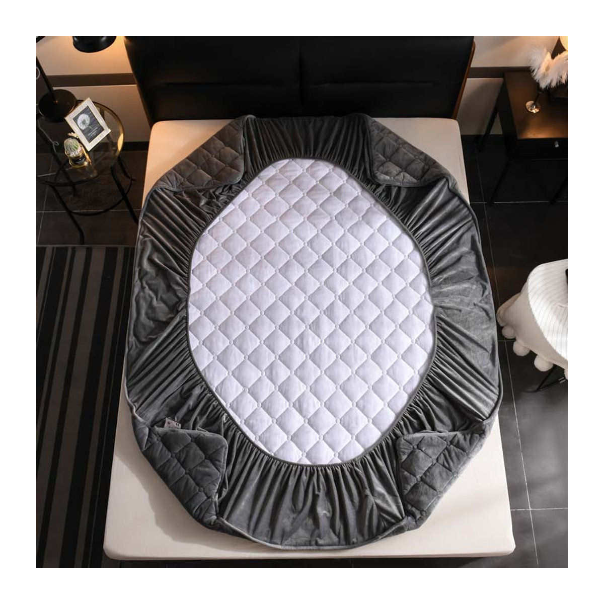 Gestepptes Spannbetttuch aus Samt in Grau für Queen-Size-Betten, B/T/H: 200 x 200 x 30 cm - Bild 2