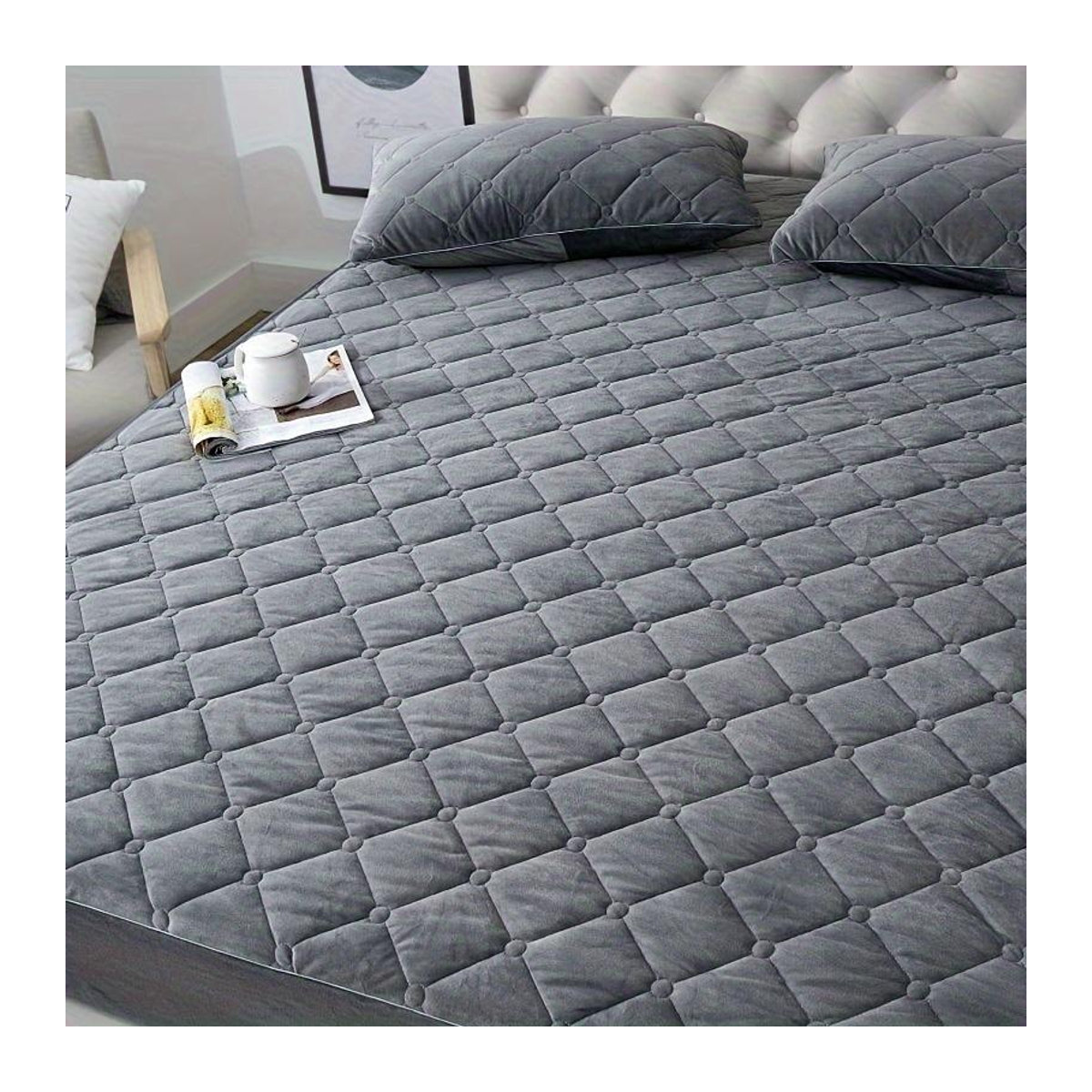 Gestepptes Spannbetttuch aus Samt in Grau für Queen-Size-Betten, B/T/H: 200 x 200 x 30 cm - Bild 3