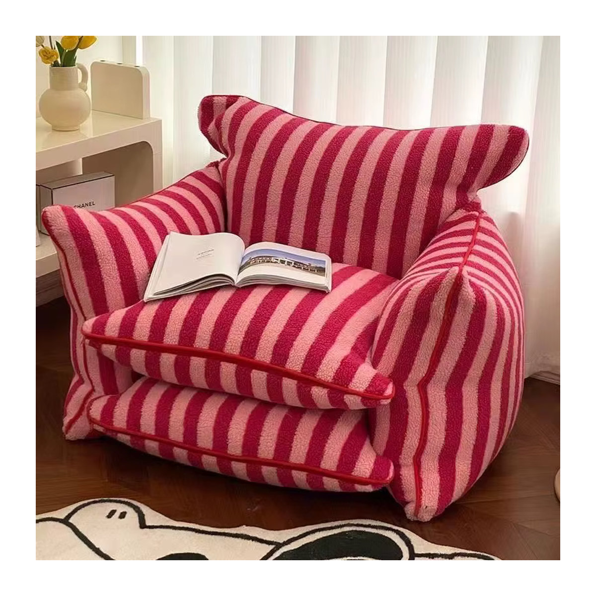 Gestreiftes Schlafsofa mit Fleece-Bezug als Einzelsofa für Wohnzimmer und Schlafzimmer in Rot oder Rosa - Bild 3