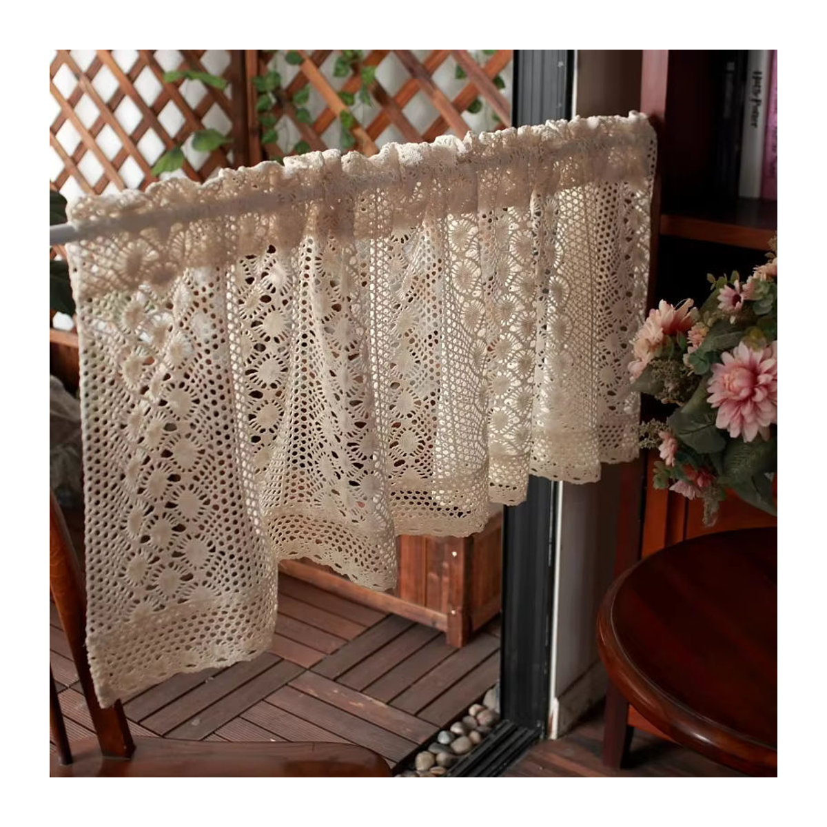 Gestrickte Spitze Etagen Vorhänge für Küche und Schrank in Beige mit floralem Hohlloch-Design - Bild 4