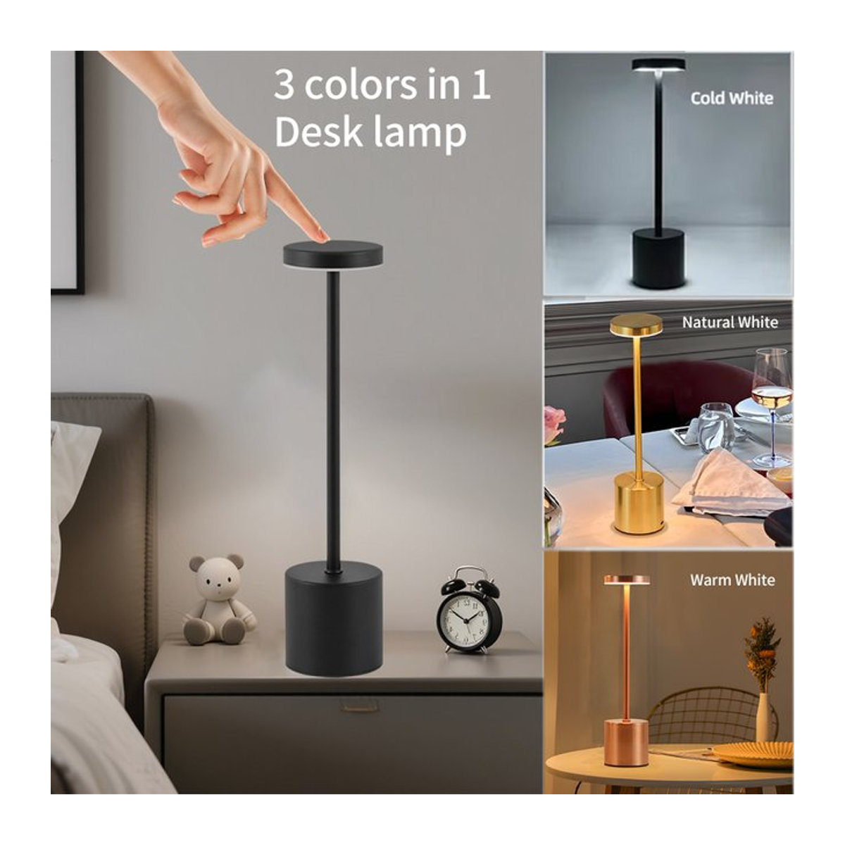 GGBEE LED Tischlampe in Schwarz mit 3 Farben und Touch-Schalter, wiederaufladbare portable Nachttischlampe mit USB-C Anschluss für Ambiente und Dekoration - Bild 1