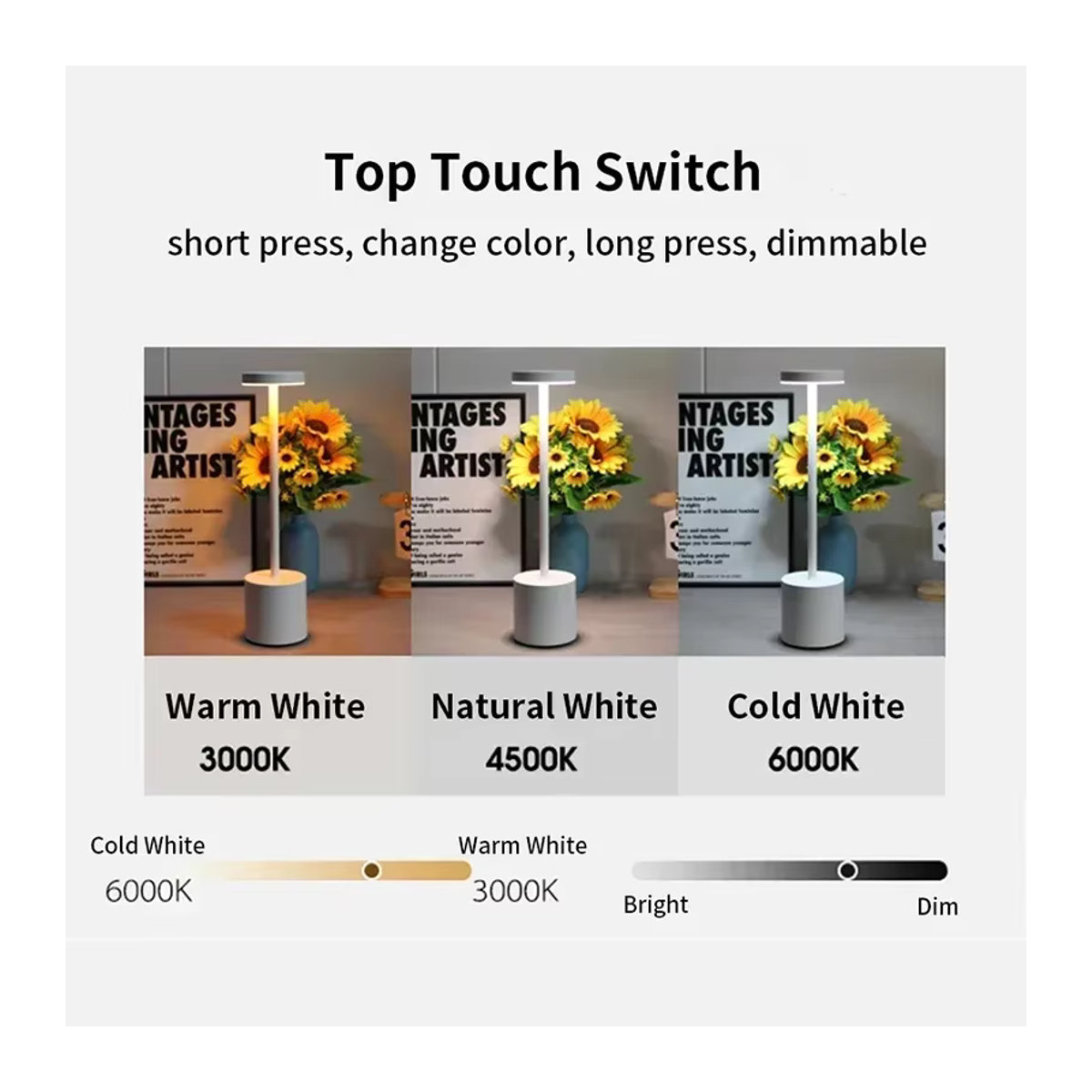 GGBEE LED Tischlampe in Schwarz mit 3 Farben und Touch-Schalter, wiederaufladbare portable Nachttischlampe mit USB-C Anschluss für Ambiente und Dekoration - Bild 4