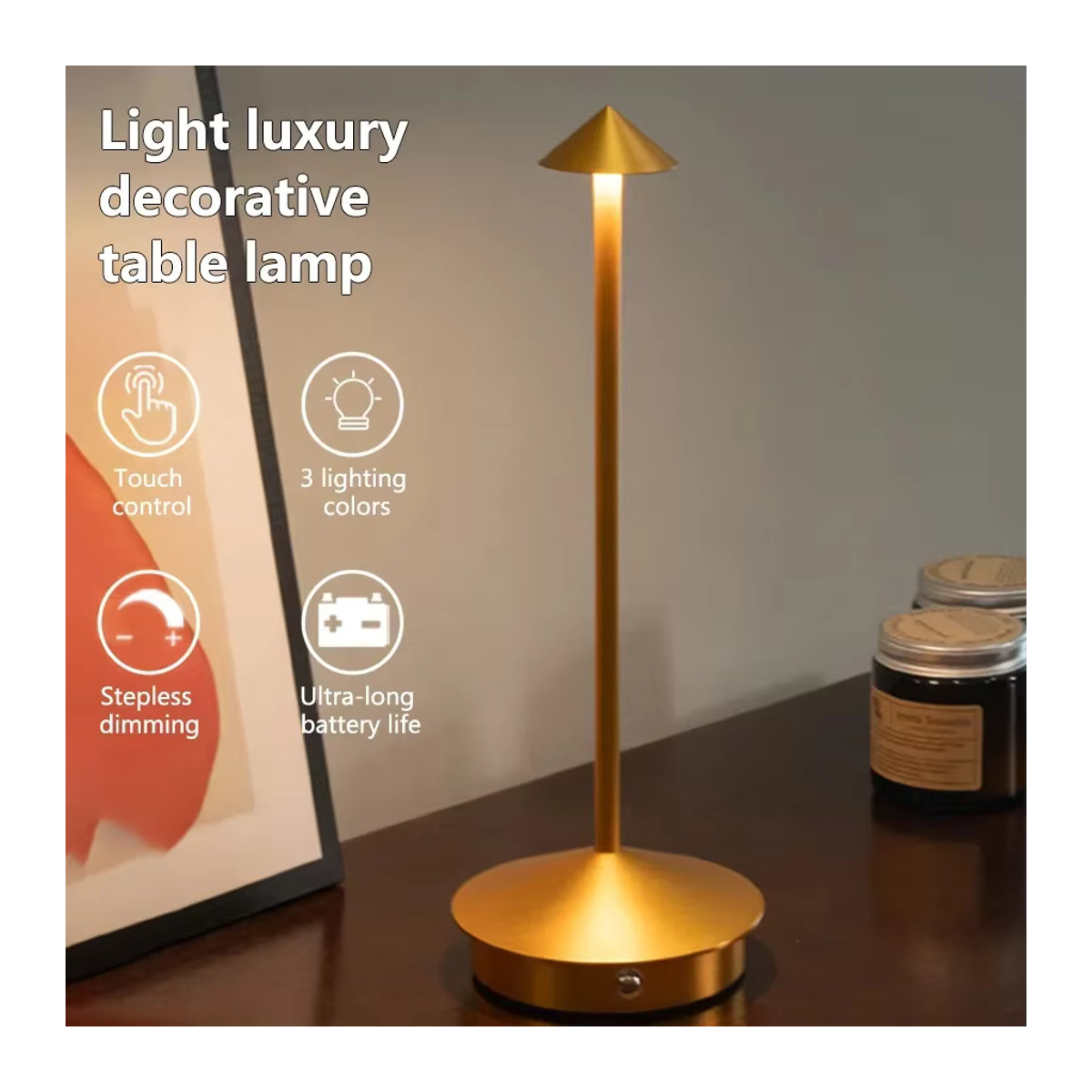 GGBEE LED-Tischlampe Schwarz, wiederaufladbare Touch-Nachtlampe mit 3 Farben und dimmbarer Funktion im minimalistischen Design - Bild 2