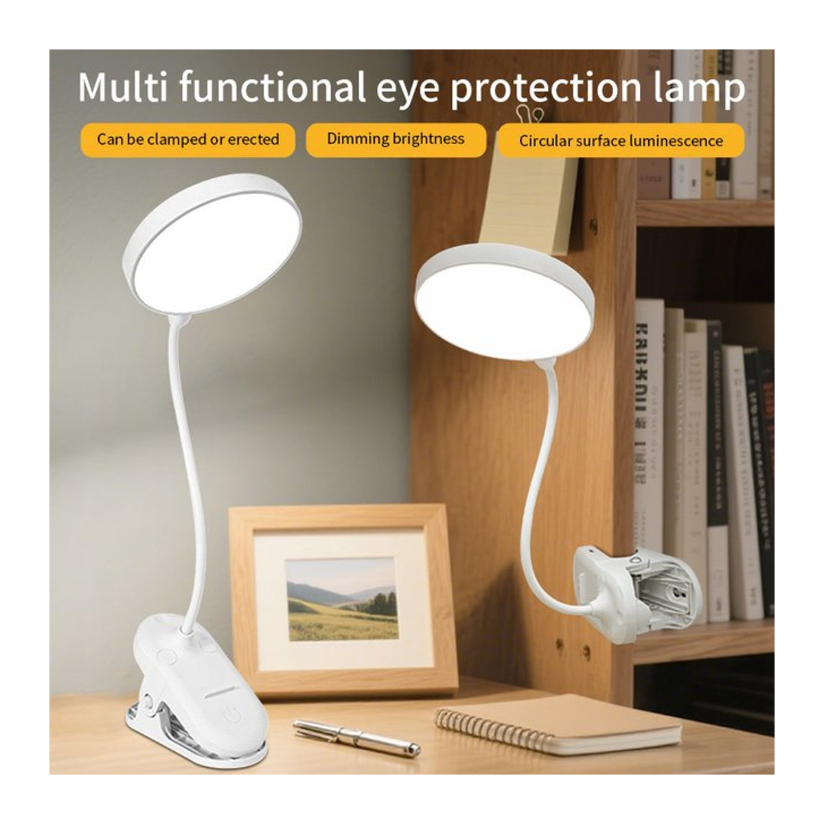GGBEE LED Tischlampe Weiß mit klappbarer Klemme und 500 mAh Akku, wiederaufladbare USB Schreibtischlampe mit Augenschutz für Büro und Schlafzimmer - Bild 1