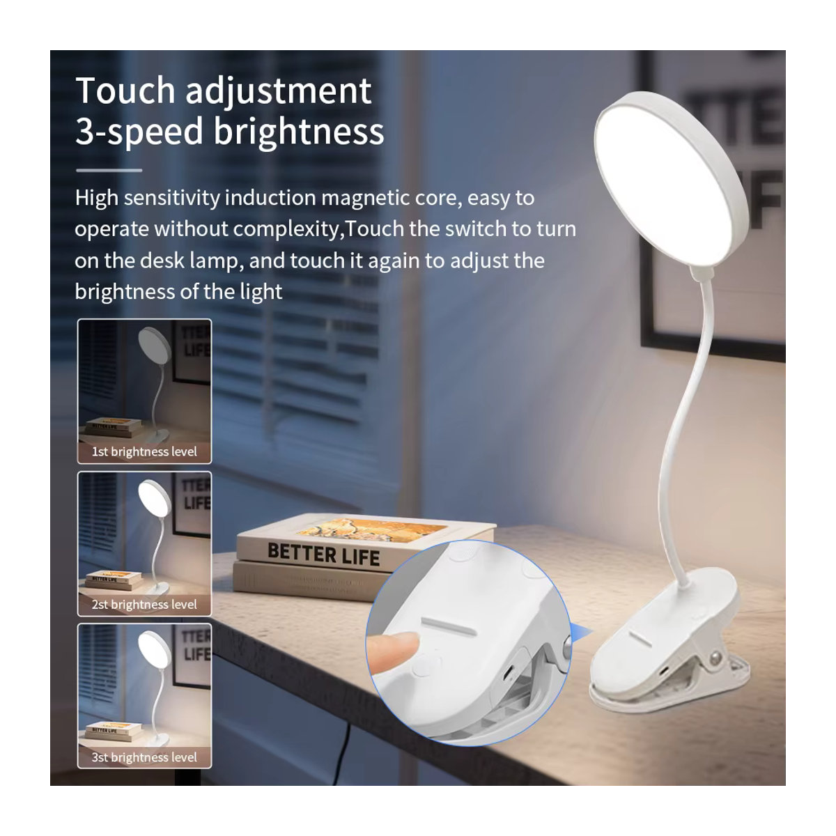 GGBEE LED Tischlampe Weiß mit klappbarer Klemme und 500 mAh Akku, wiederaufladbare USB Schreibtischlampe mit Augenschutz für Büro und Schlafzimmer - Bild 2