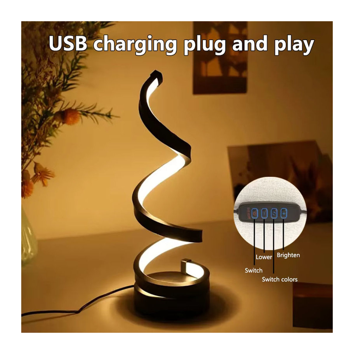 GGBEE Moderne LED Tischlampe Spirale Schreibtischleuchte Schwarz 5V USB dimmbar - Bild 2