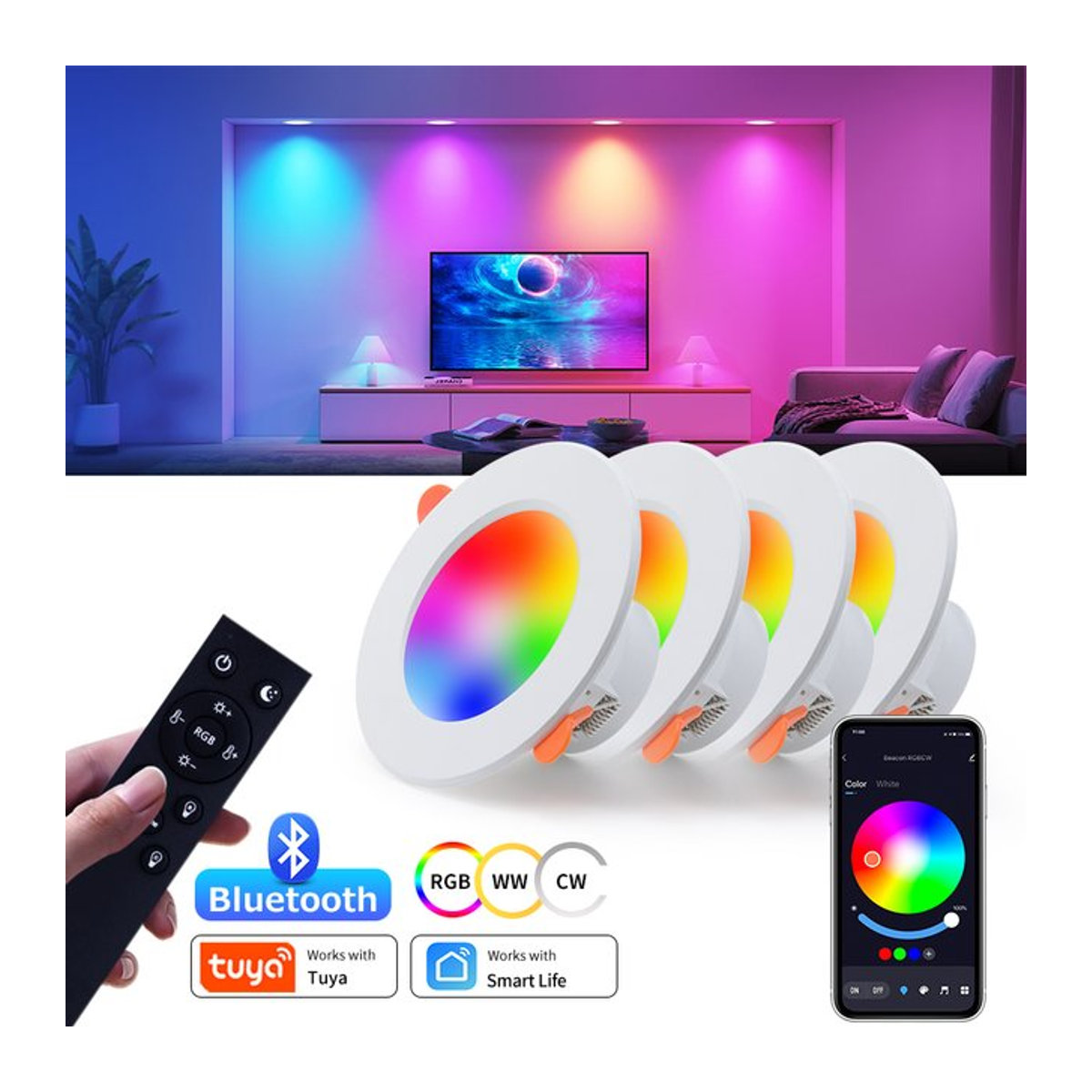 GGBEE Smart LED Einbaustrahler 10W Weiß dimmbar mit Tuya Smart Life und Bluetooth sowie RF 2,4g Fernbedienung für Gruppensteuerung Einbaumaß: 75-105mm - Bild 1