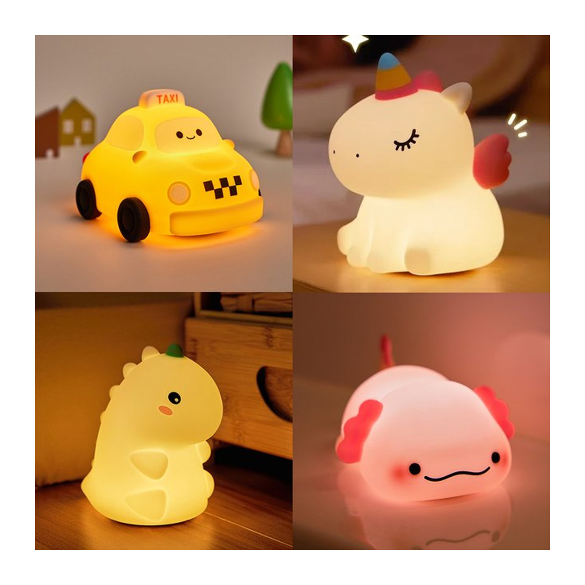 GGBEE Taxi Dinosaurier Nachtlicht aus Silikon, Gelb, USB-aufladbare LED Tischlampe für Kinder - Bild 1