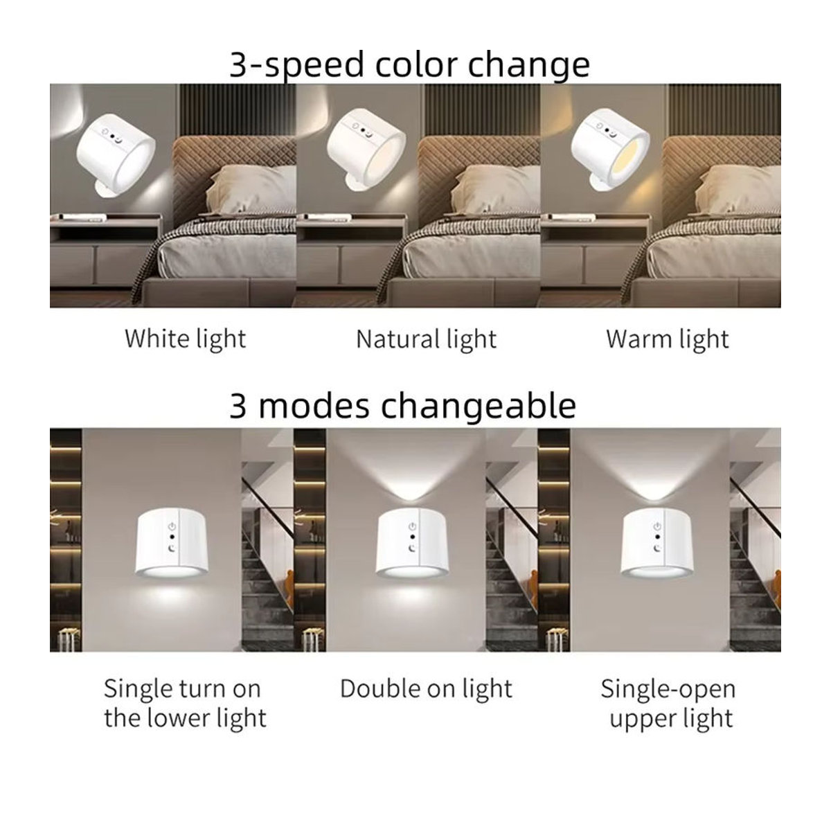GGBEE Wiederaufladbare magnetische LED-Wandleuchte in Schwarz mit Dual-Head-Beleuchtung, 3 Farben und Touch-Sensor inklusive Fernbedienung - Bild 2