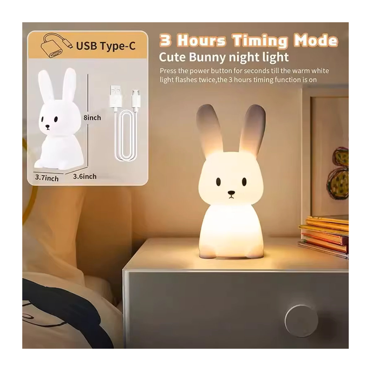 ggbingo LED Nachtlicht Kaninchen aus Silikon mit Touch Sensor in Weiß - Bild 4