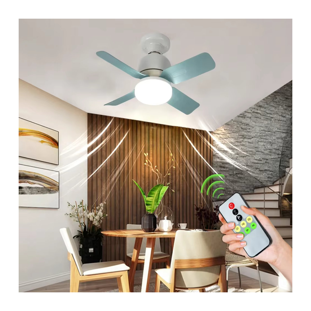 GGbingo Ventilator mit Licht und E27-Fassung in Weiß mit Fernbedienung zur Einstellung von Windgeschwindigkeit und Helligkeit sowie leisem LED-Design - Bild 6