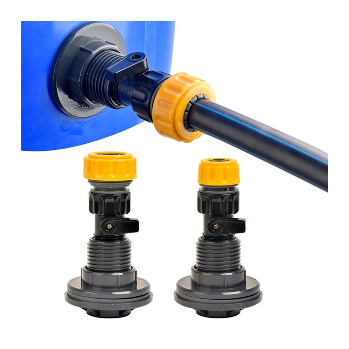 GI Yuling Regenfass-Zapfen-Set aus schwarzem PVC mit 3/4 Zoll Anschluss und 1/2 Zoll Schlauchadapter für die Bewässerung - Bild 1