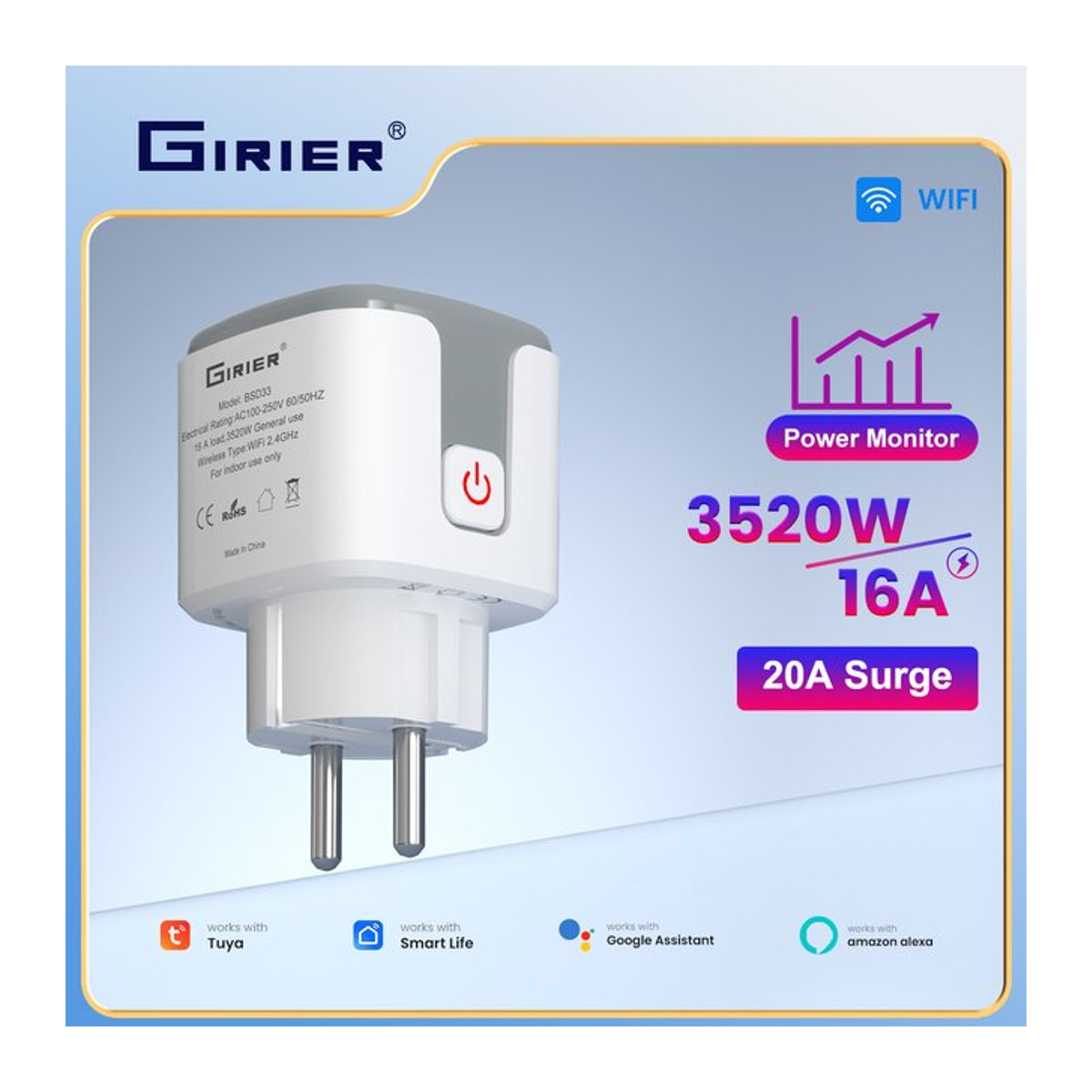 GIRIER Tuya Smart Power Plug 16A WLAN-Wandsteckdose 3520W mit Stromüberwachungsfunktion in Weiß, kompatibel mit Alexa und Hey Google - Bild 1