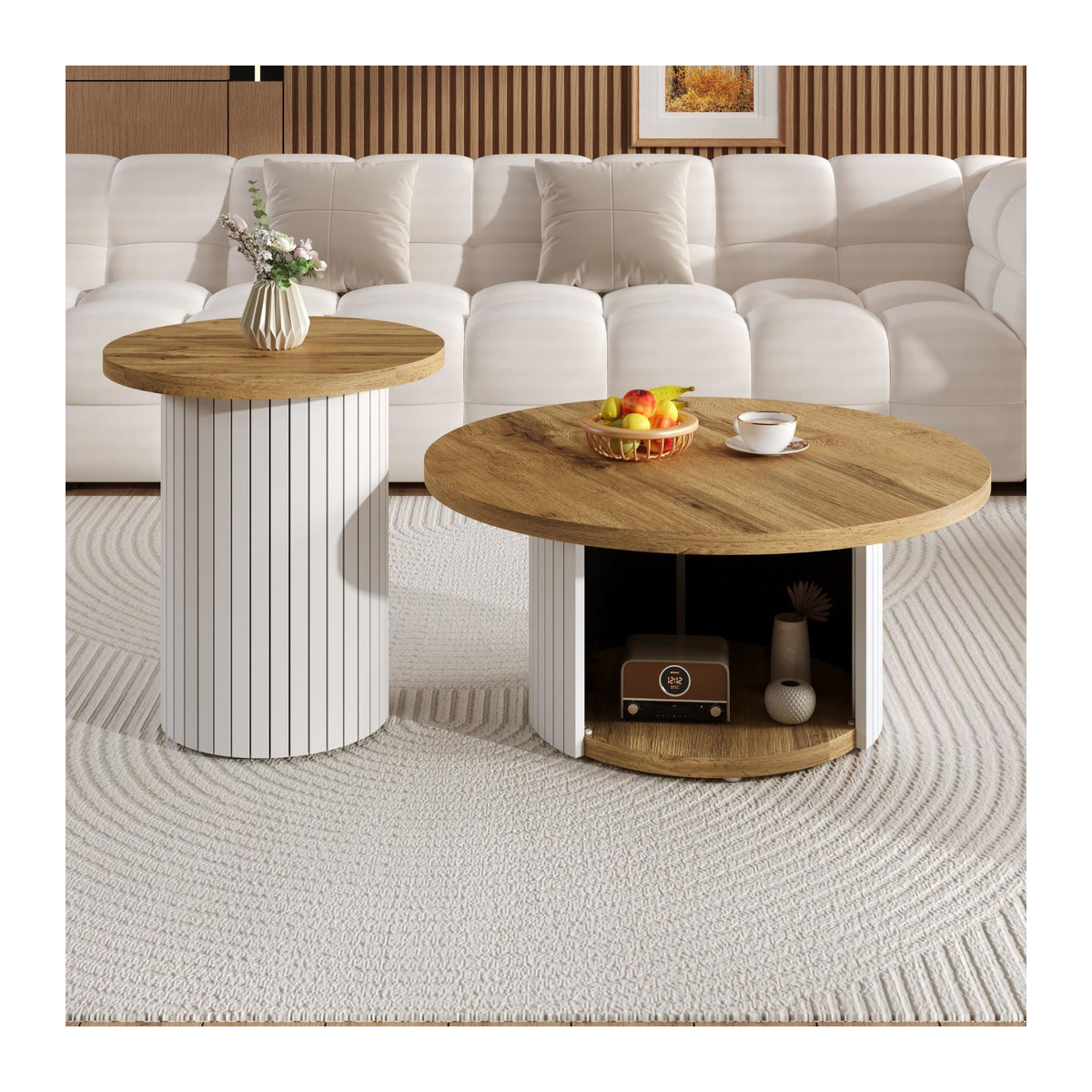 GL Store 2-teiliges rundes Satztisch-Set im skandinavischen Design, Natur/Braun, B/T/H: 75 x 75 x 50 cm und 45 x 45 x 35 cm - Bild 2