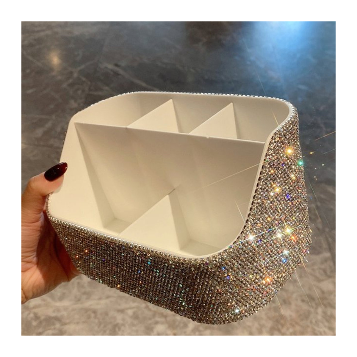 Glamour Kosmetik-Organizer aus Kunststoff mit Diamantbesatz und mehreren Fächern, Silber, Rechteckig - Bild 1