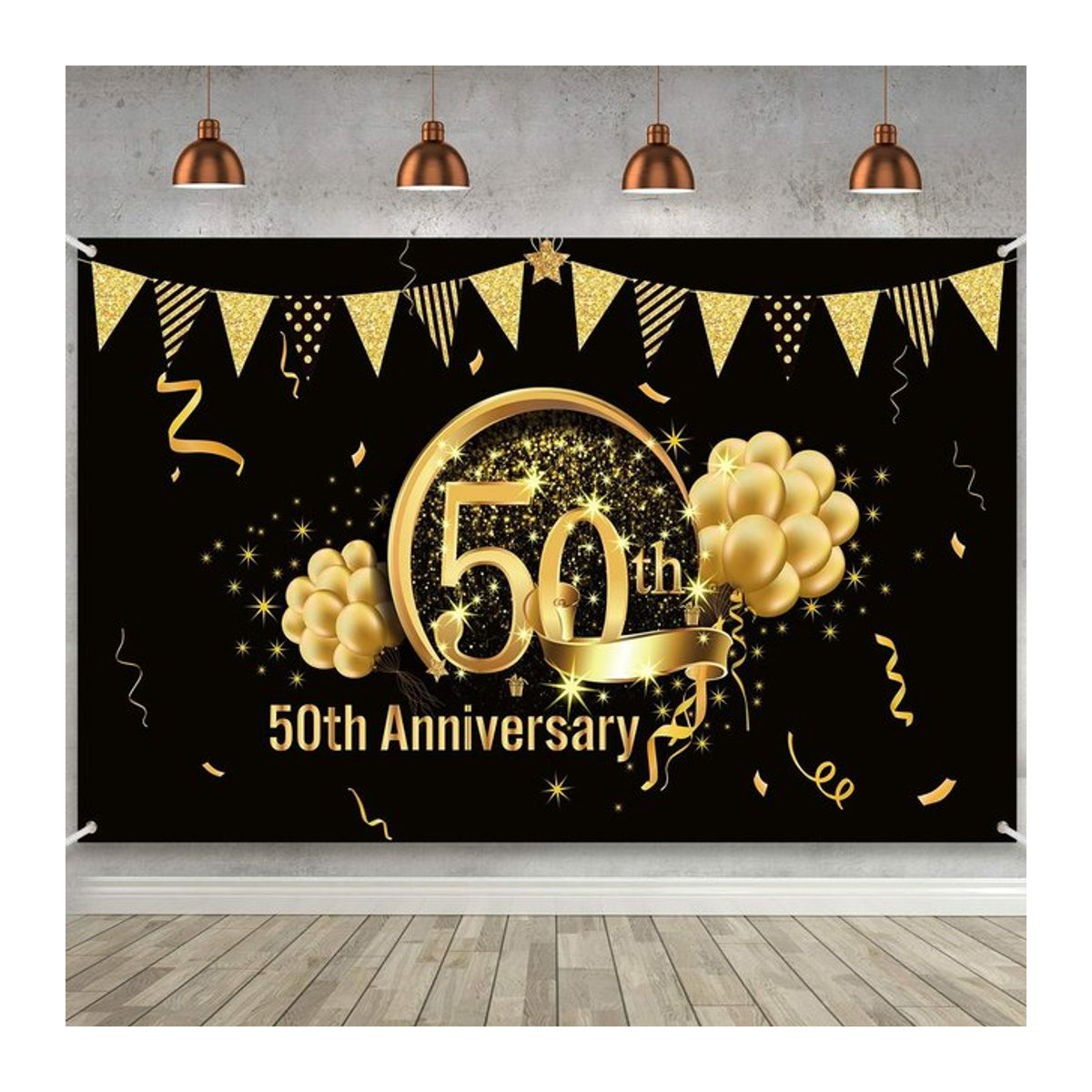 Glamouröse Dekoration für dein 50. Jubiläum in Schwarz und Gold als Fotohintergrund aus Textil, B/H: 150 x 150 cm - Bild 1
