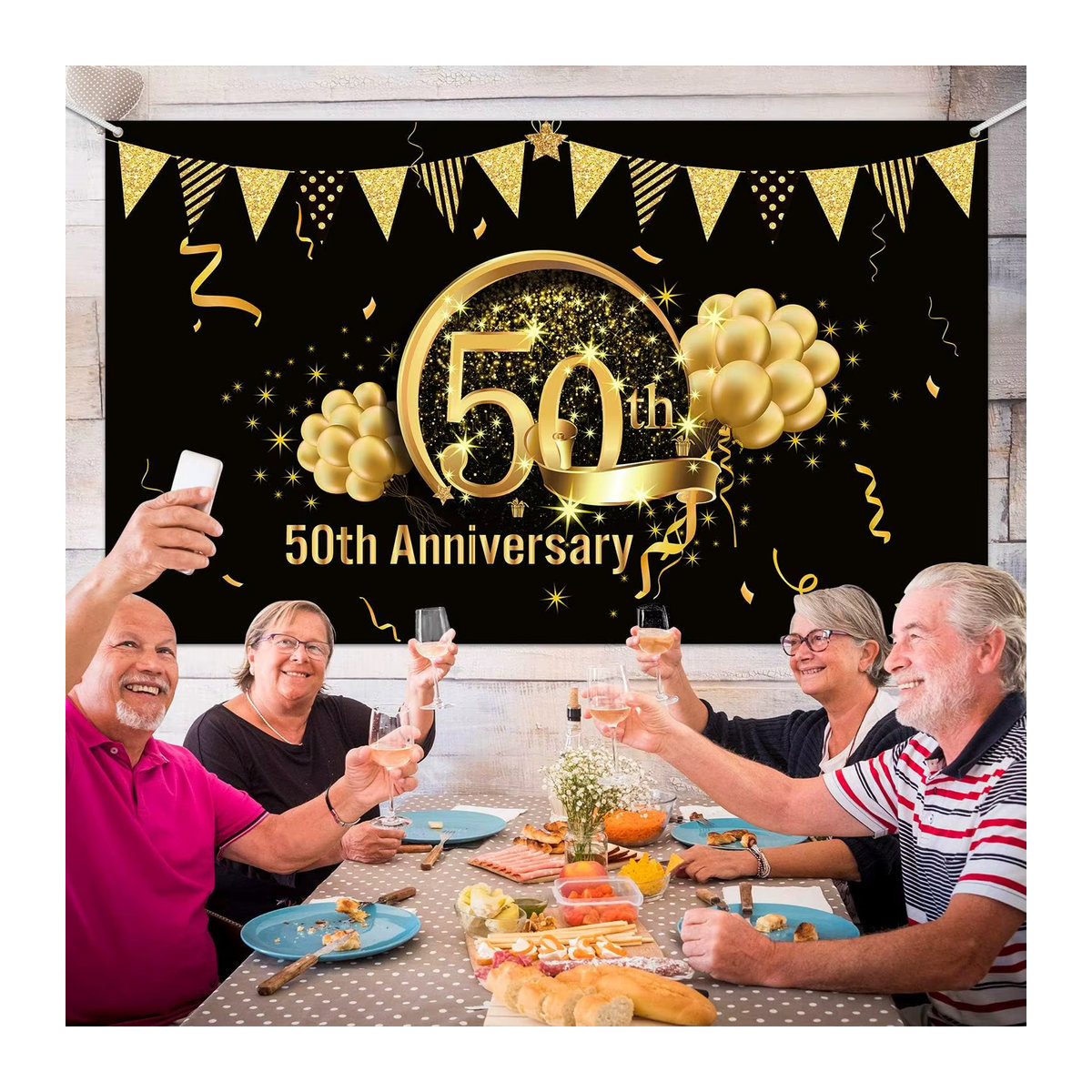 Glamouröse Dekoration für dein 50. Jubiläum in Schwarz und Gold als Fotohintergrund aus Textil, B/H: 150 x 150 cm - Bild 3