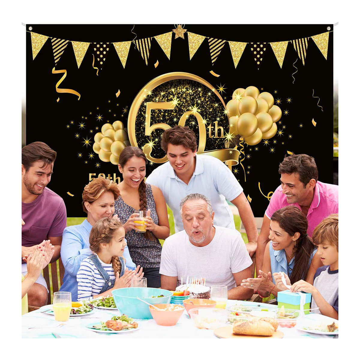 Glamouröse Dekoration für dein 50. Jubiläum in Schwarz und Gold als Fotohintergrund aus Textil, B/H: 150 x 150 cm - Bild 4