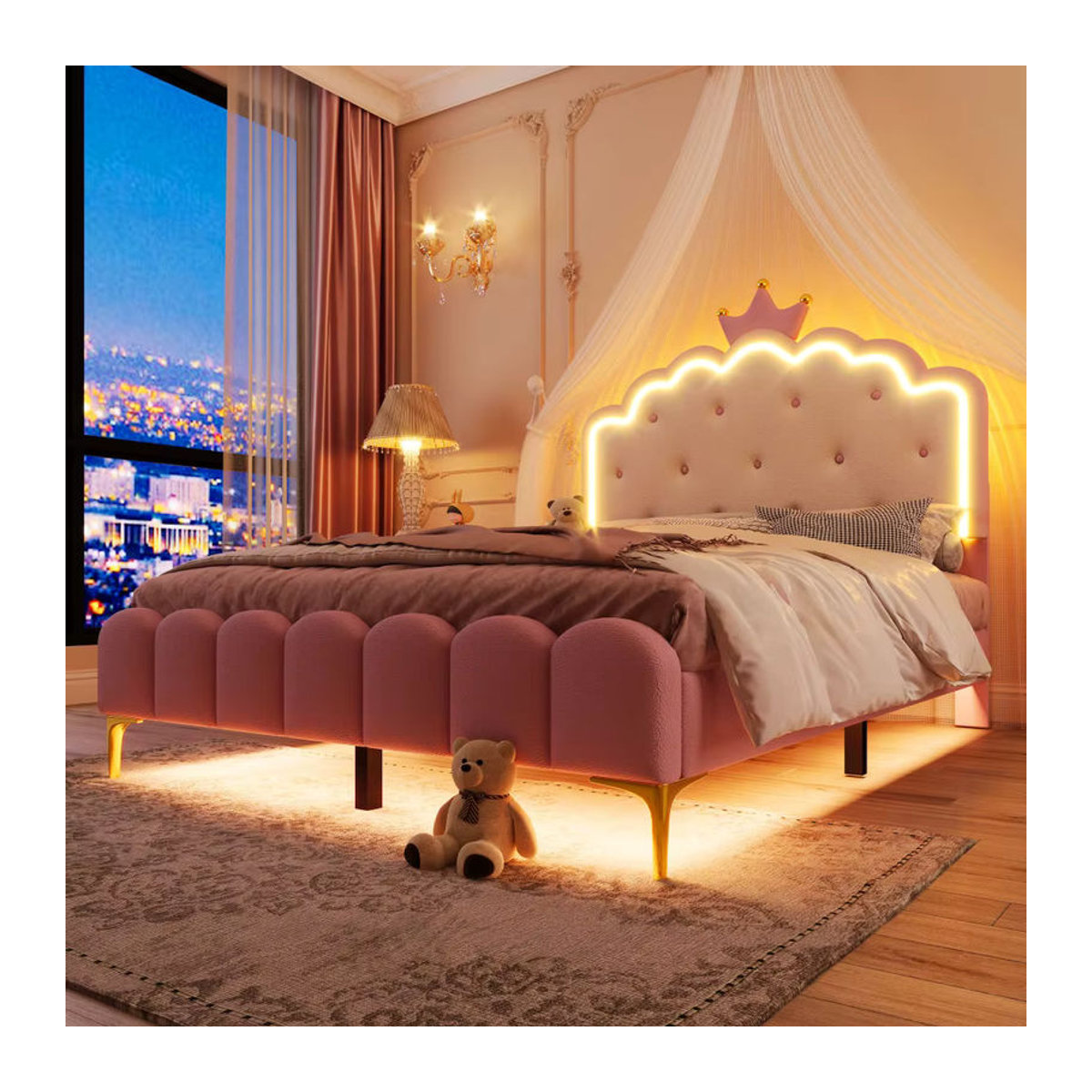 Glamouröses Polsterbett im Prinzessinnen-Stil aus Kunstleder in Rosa mit LED-Umgebungslicht und Kronendesign, B/T: 140 x 200 cm - Bild 3