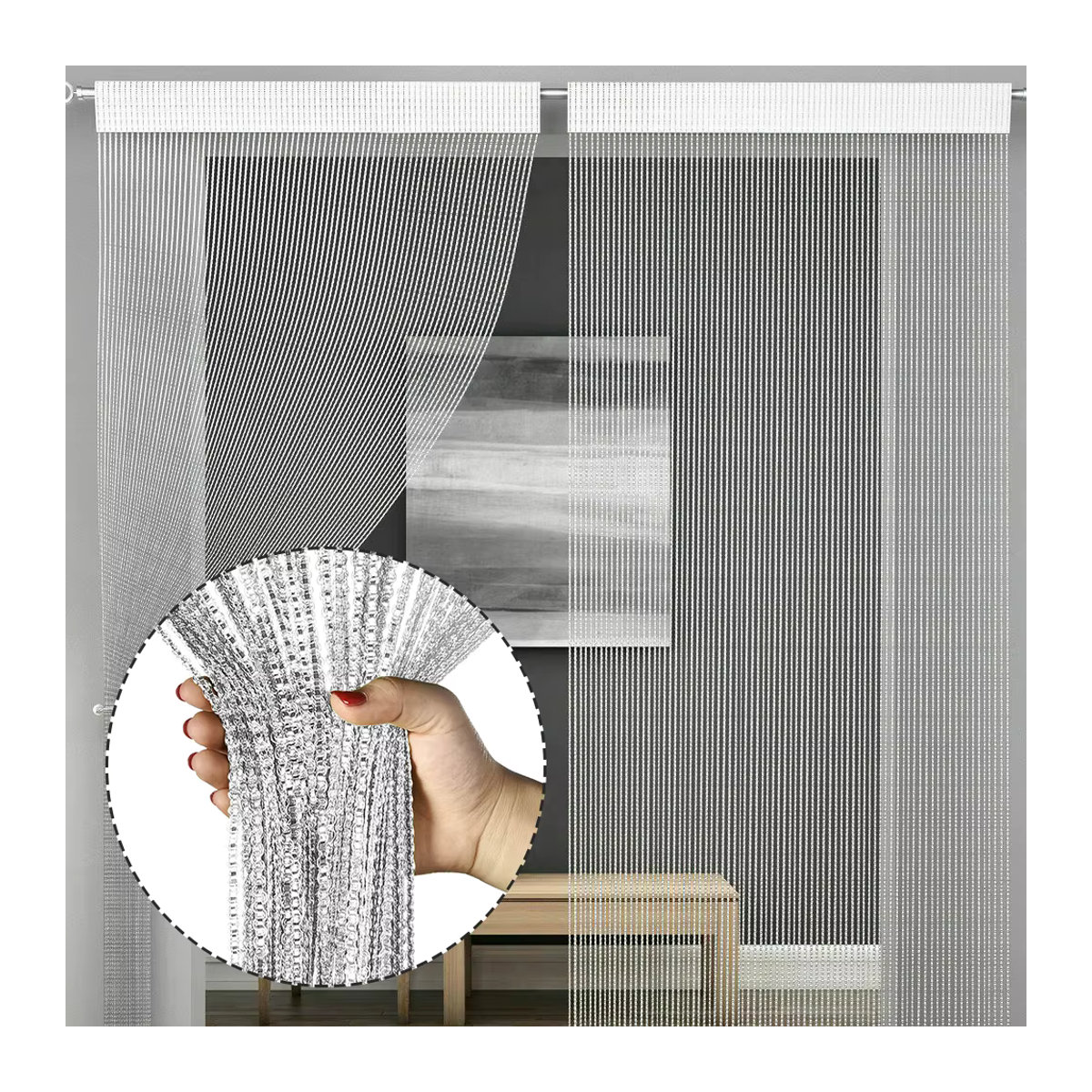 Glänzender Quasten-Schnur-Vorhang als Anti-Insekten-Schutz für Tür, Fenster und Decke in Beige und Mehrfarbig - Bild 5