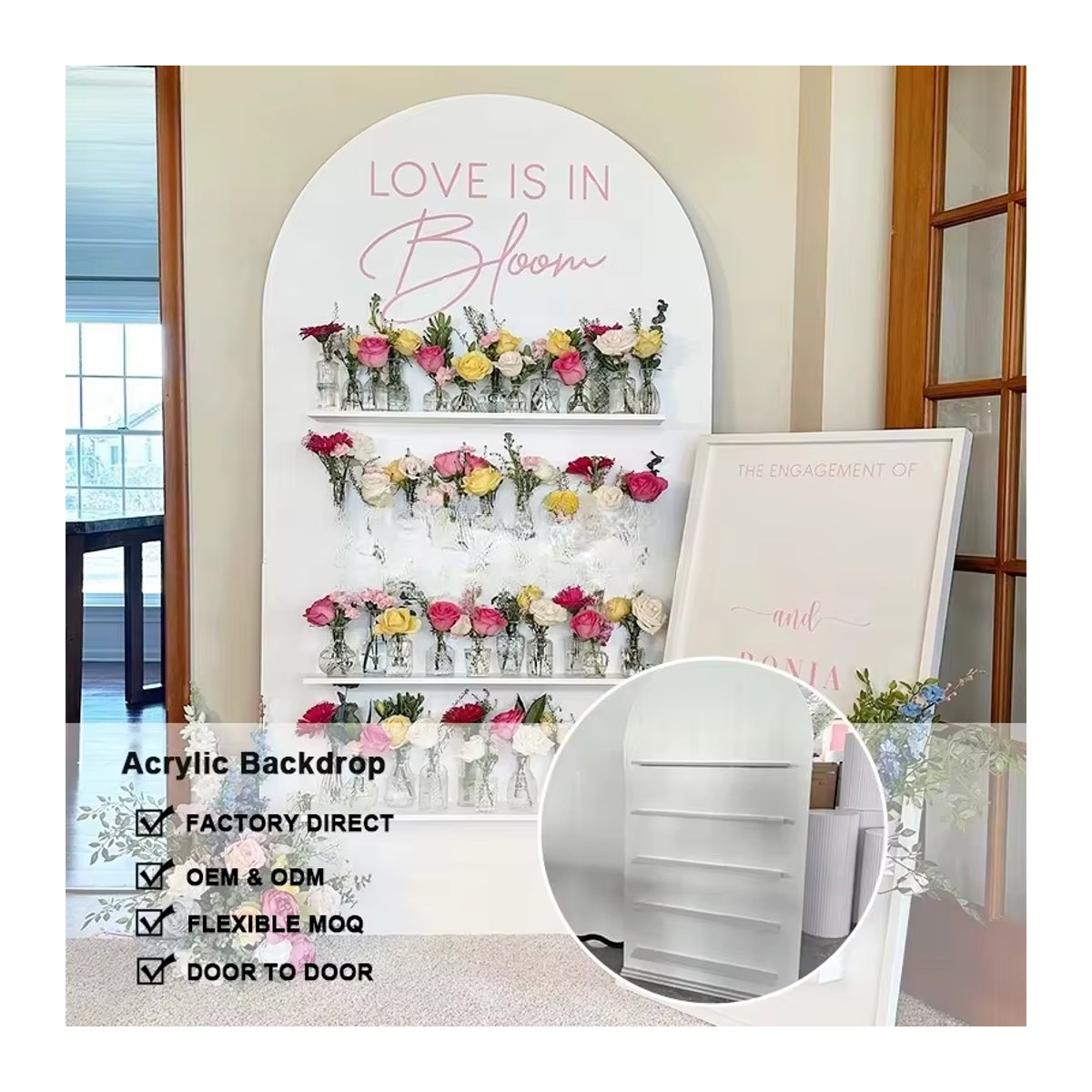Glänzender weißer Hochzeits-Hintergrund aus Acryl als moderne Dekoration und Blumenständer - Bild 2