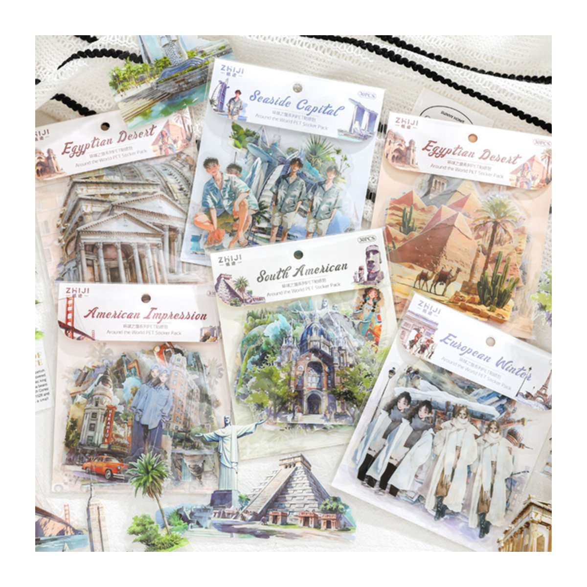 Global Journey Series PET-Aufkleberset mit 30 farbenfrohen Retro-Kunstaufklebern für DIY-Collagen und Dekorationen - Bild 1