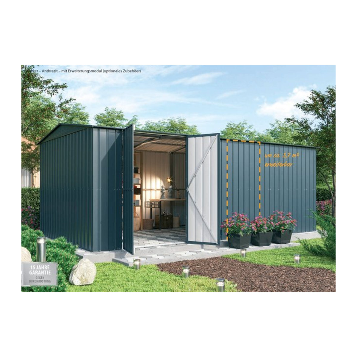 Globel Erweiterungselement 410 für Gerätehäuser Worker und Parker aus Stahl, Anthrazit matt, B/T: 308 x 127 cm - Bild 1
