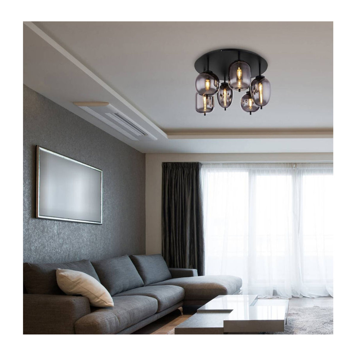 GLOBO Deckenleuchte Blacky Modern in Schwarz aus Metall und Rauchglas mit 6 E14 Fassungen, H x B x T: 38 x 65 cm - Bild 3