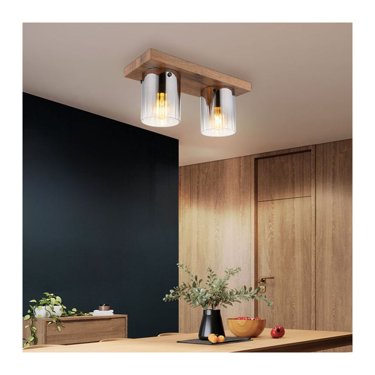Globo Deckenleuchte im Industrial Design aus Holzwerkstoff und Glas in Braun, 2-flammig, B/H/T: 16 x 40 x 41 cm - Bild 4