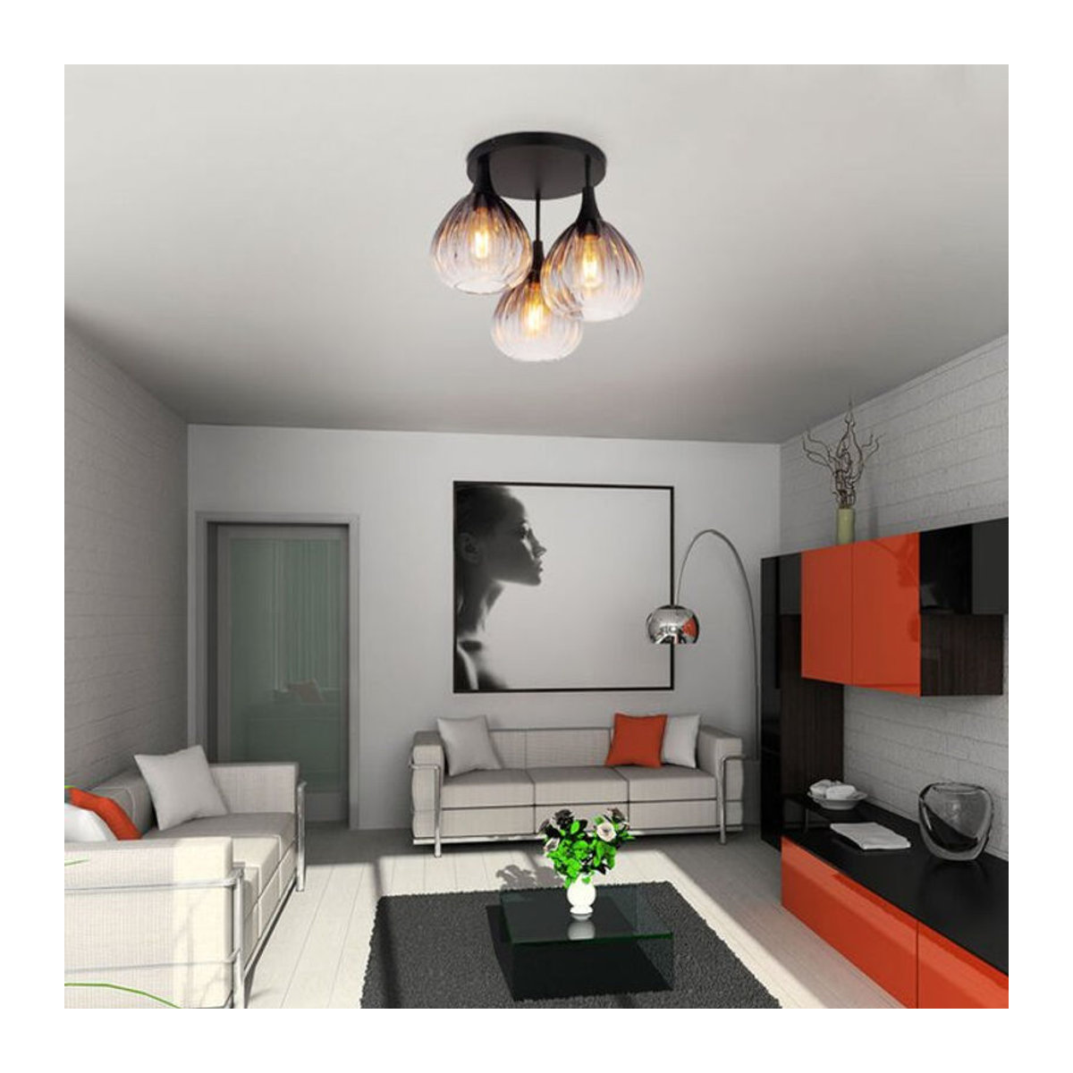 Globo Deckenleuchte Modern Schwarz aus Metall und Glas mit 3 Rauchglas-Elementen H: 35 cm, B: 44 cm, Fassung E27 - Bild 3