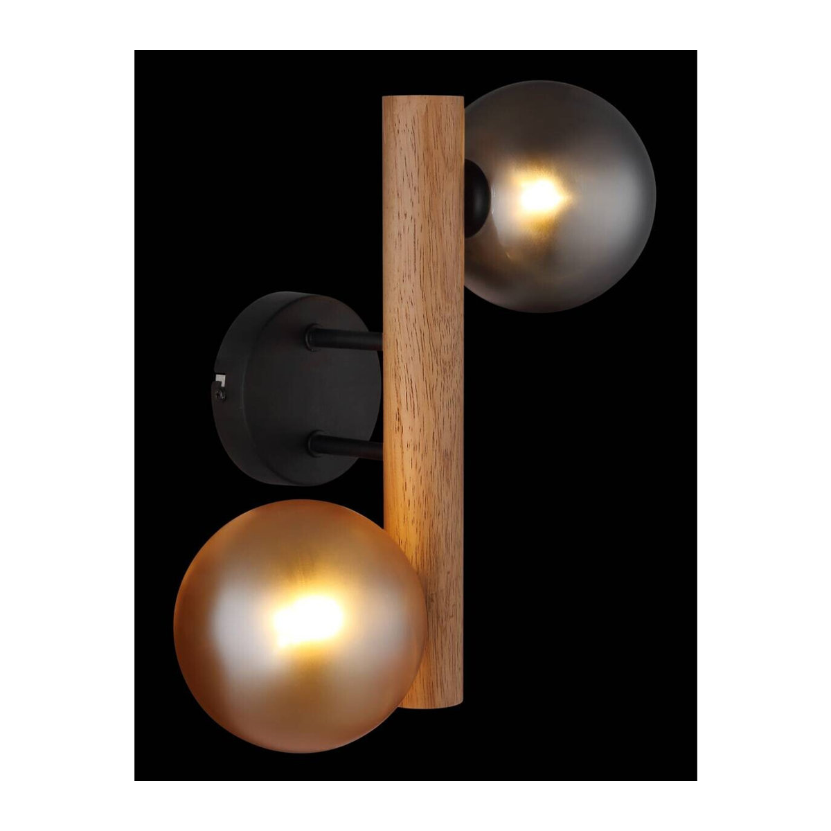 GLOBO LED-Wandleuchte Rauch in Dunkelbraun und Amber aus Metall, Holz und Glas im Retro-Design mit 2 Leuchtmitteln, H x B: 32 x 16,5 cm - Bild 3