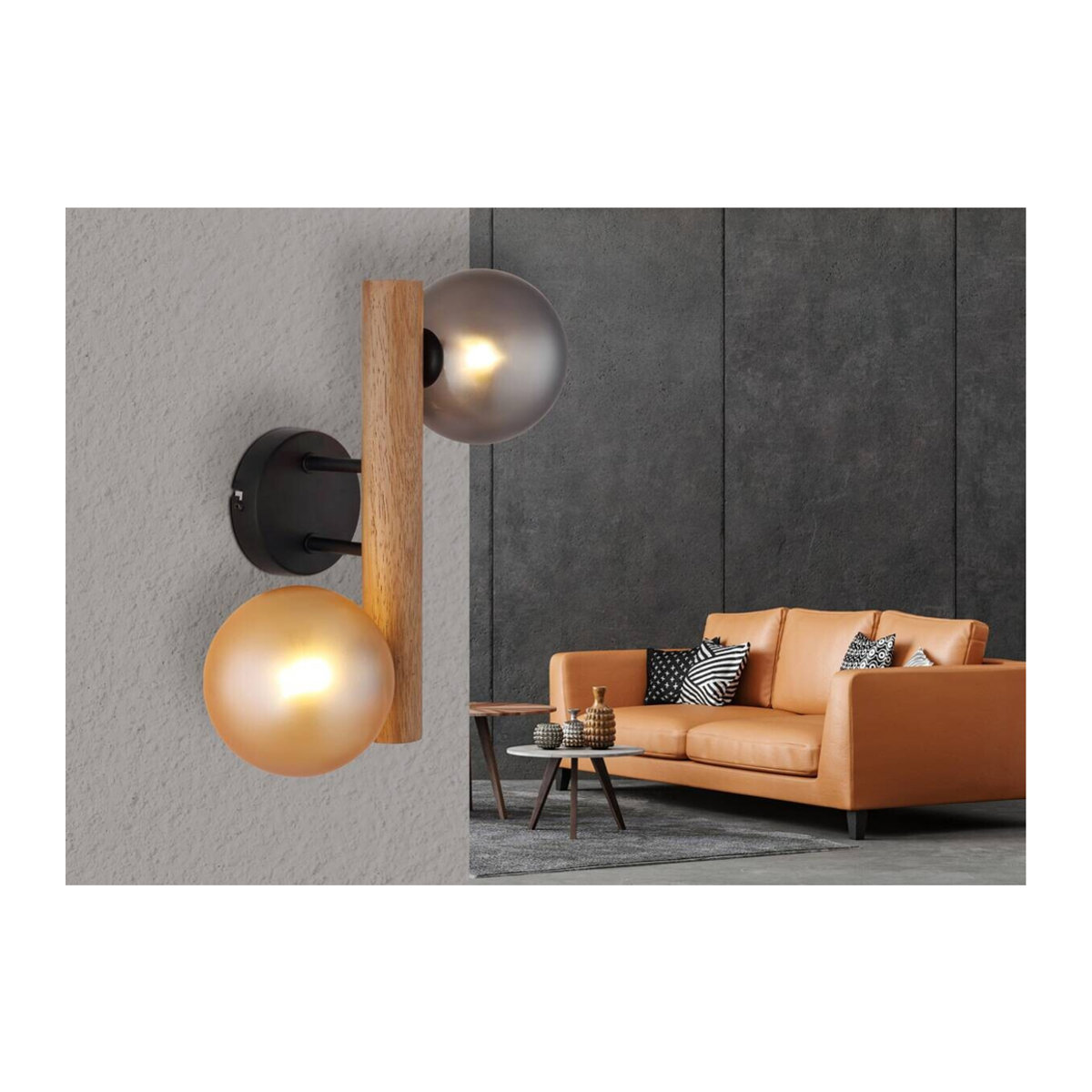 GLOBO LED-Wandleuchte Rauch in Dunkelbraun und Amber aus Metall, Holz und Glas im Retro-Design mit 2 Leuchtmitteln, H x B: 32 x 16,5 cm - Bild 4