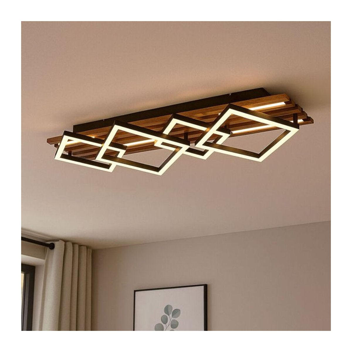 GLOBO Lighting LED-Deckenleuchte Obrien Modern in Schwarz und Braun aus Metall, Holzwerkstoff und Kunststoff, Warmweiß, B/T/H: 82 x 31 x 9,5 cm - Bild 3