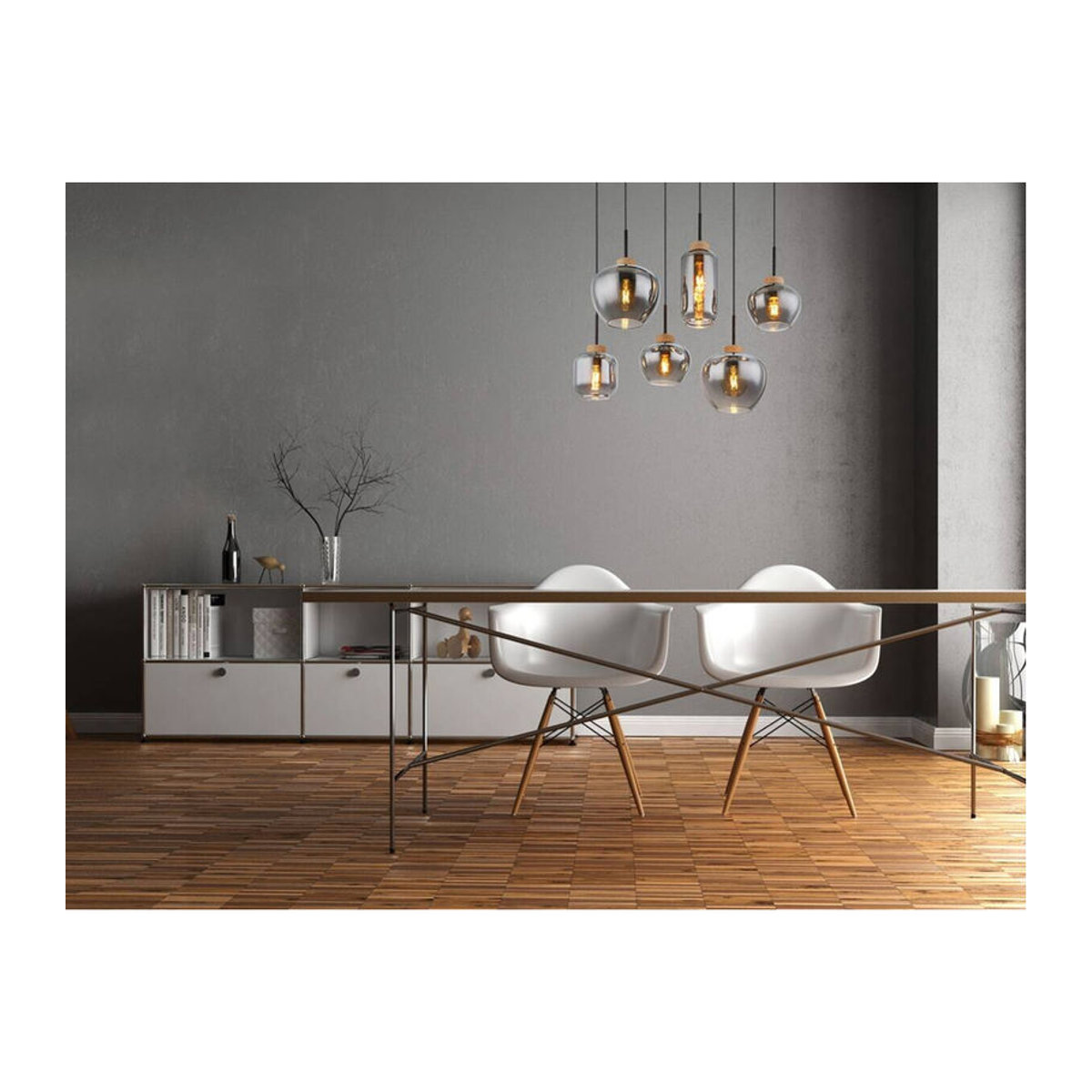 Globo Pendelleuchte Industrial Modern in Schwarz aus Metall und Glas mit 6 E27 Fassungen B/H/T: 40 x 120 x 80 cm - Bild 2
