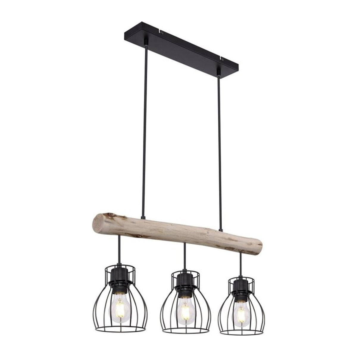 GLOBO Pendelleuchte Mina im Industrial Design aus Holz und Metall, Schwarz/Natur, B: 60 cm, H: 140 cm, E27, 3 Leuchtmittel - Bild 1