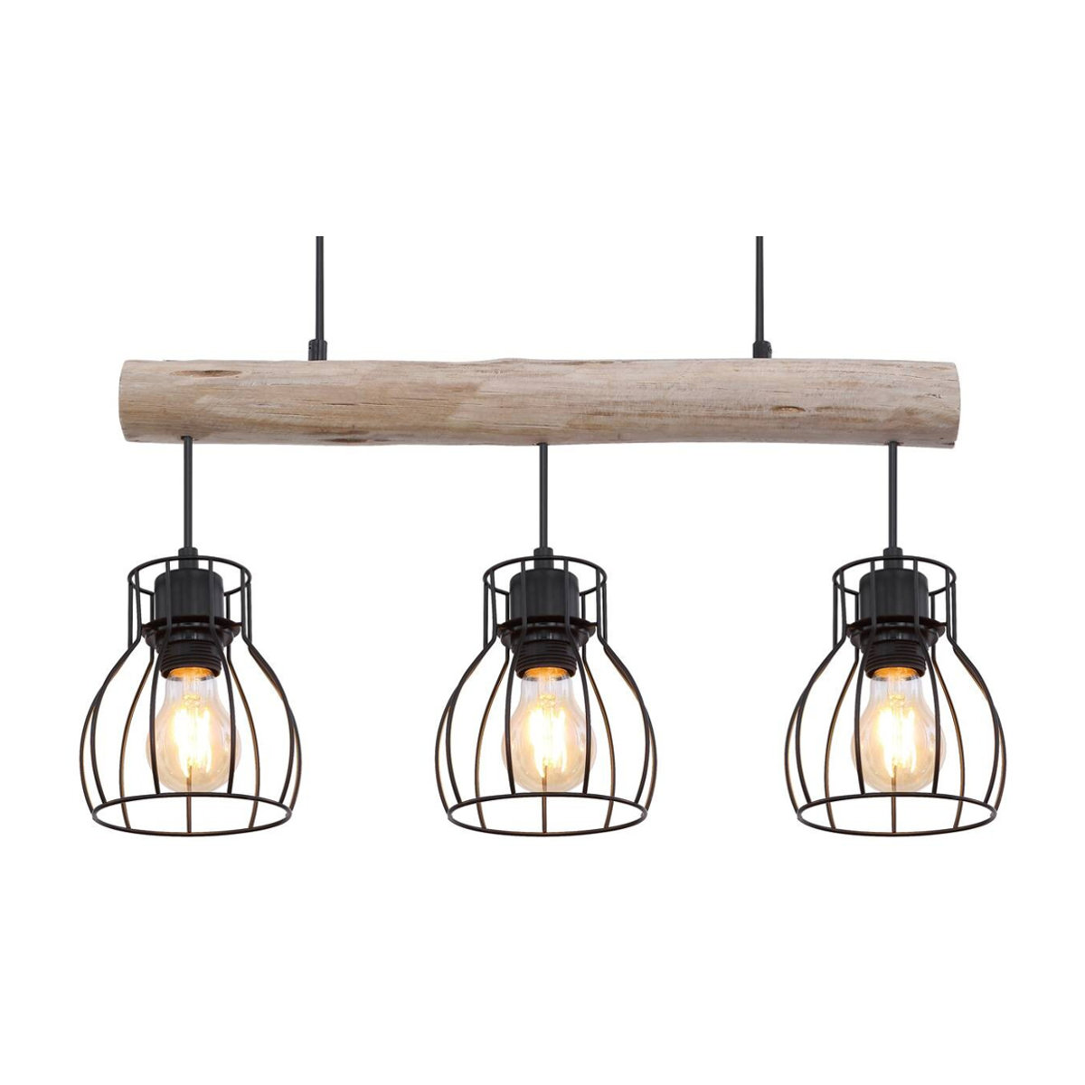 GLOBO Pendelleuchte Mina im Industrial Design aus Holz und Metall, Schwarz/Natur, B: 60 cm, H: 140 cm, E27, 3 Leuchtmittel - Bild 2