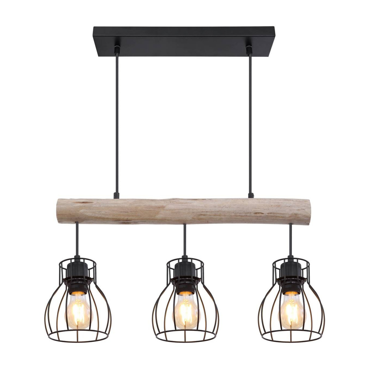 GLOBO Pendelleuchte Mina im Industrial Design aus Holz und Metall, Schwarz/Natur, B: 60 cm, H: 140 cm, E27, 3 Leuchtmittel - Bild 3