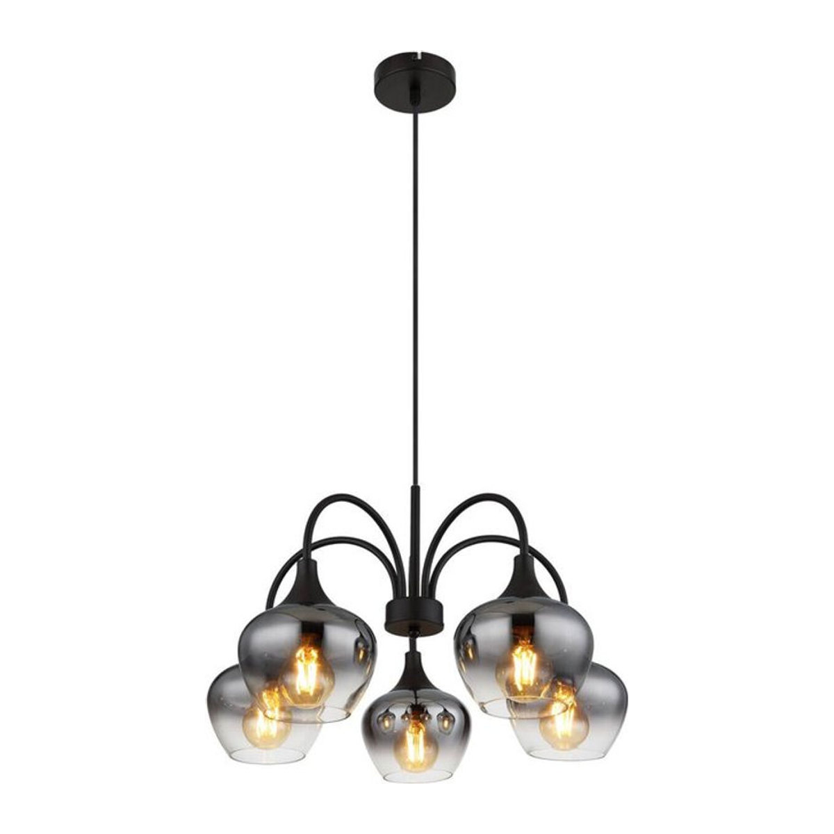 Globo Pendelleuchte modern in Schwarz mit transparentem Rauchglas, 5-flammig, E27, H: 120 cm, B: 55 cm - Bild 1